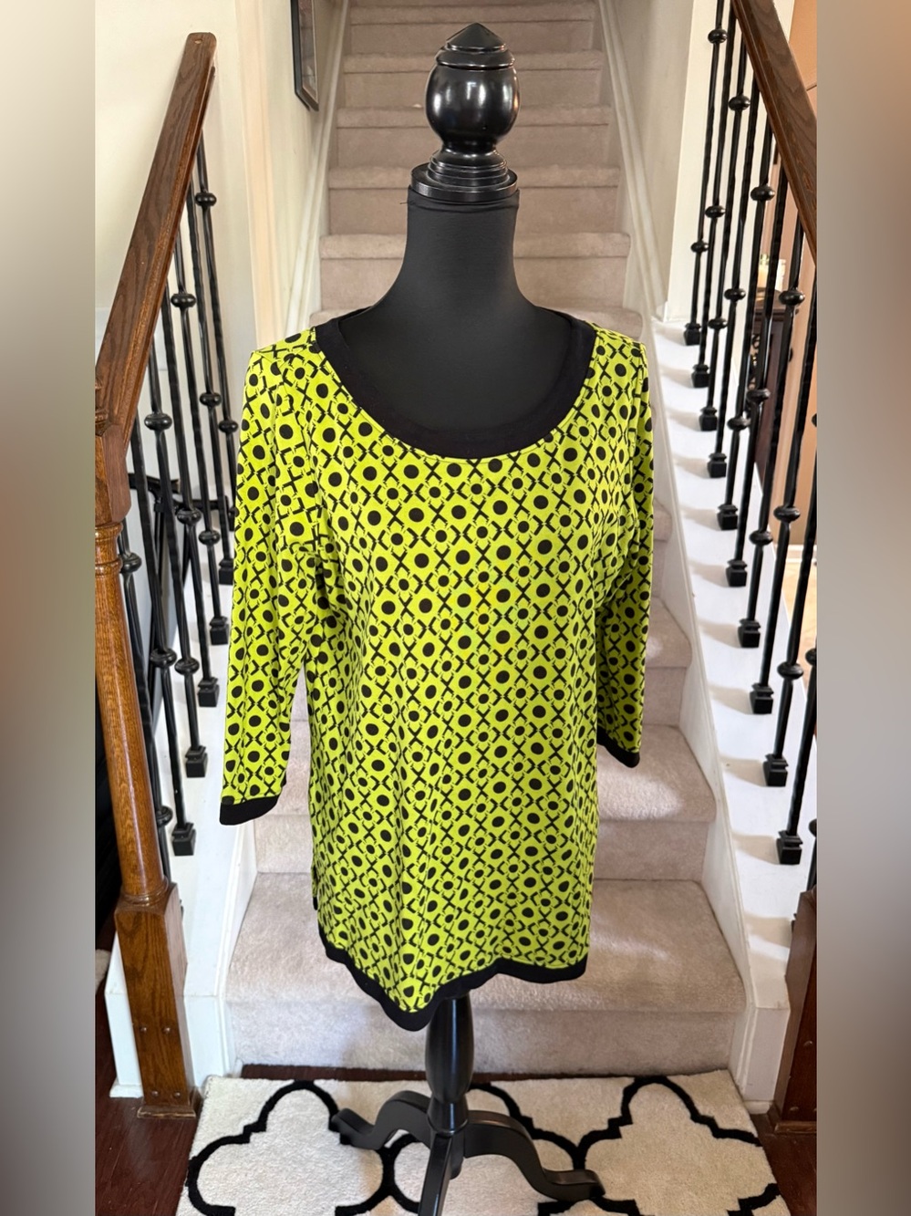 Ladies Lime Geometric Scoop Neck Top with Black Trim